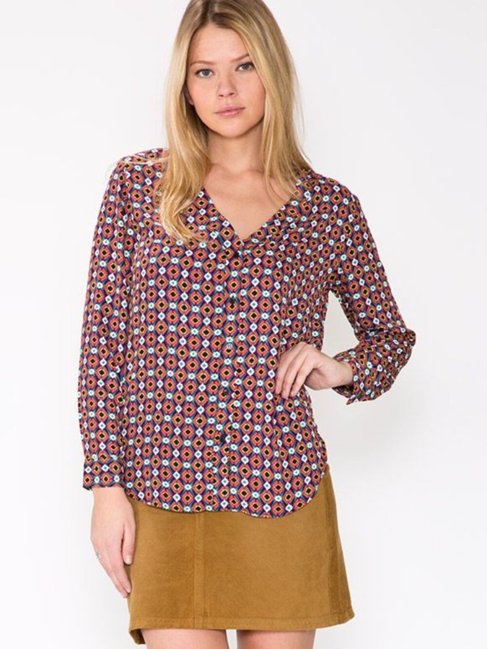 Three Eighty Two Abstract Geometric Print V-Neck Button Up Blouse